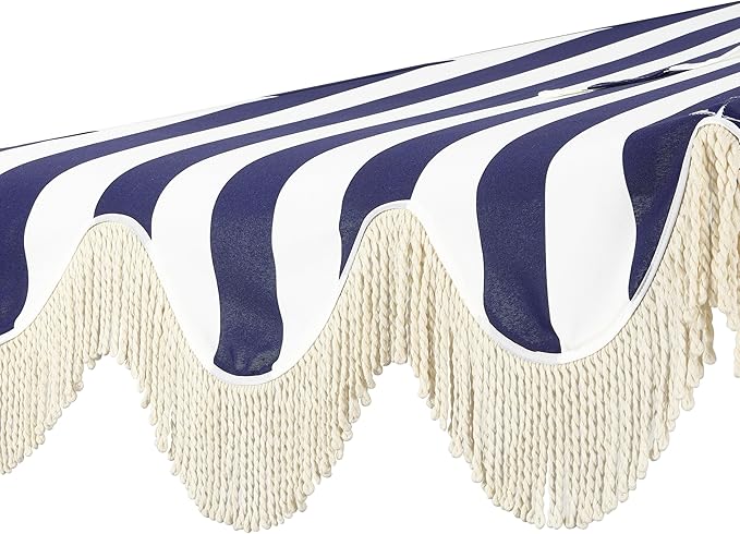 JONATHAN Y Beverly 9 ft. Coastal Navy and White Striped Half Patio Umbrella with Scalloped Fringe, Crank Lift, and Manual Tilt for Balcony, White Pole UMB1201I