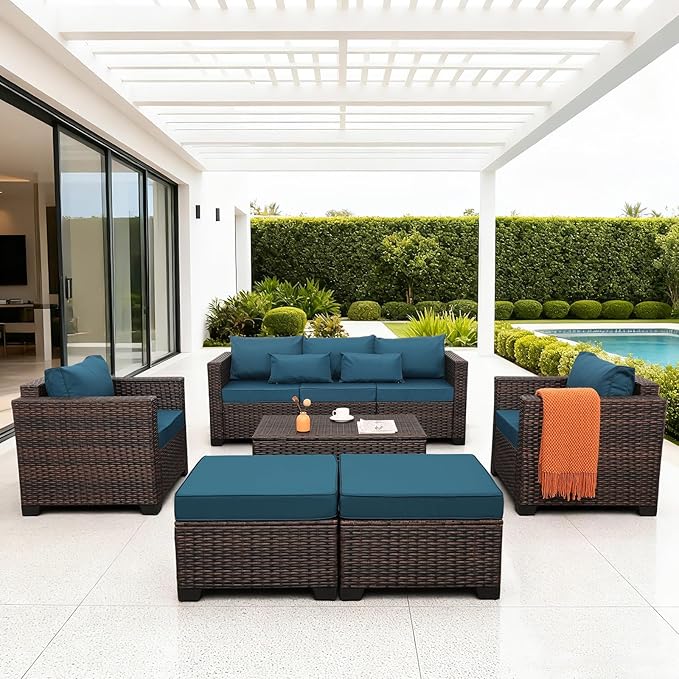 Wicker Patio Furniture Set 6 Pieces Outdoor Furniture Chairs and Couch Storage Table Anti-Slip Cushions and Waterproof Covers, Peacock Blue