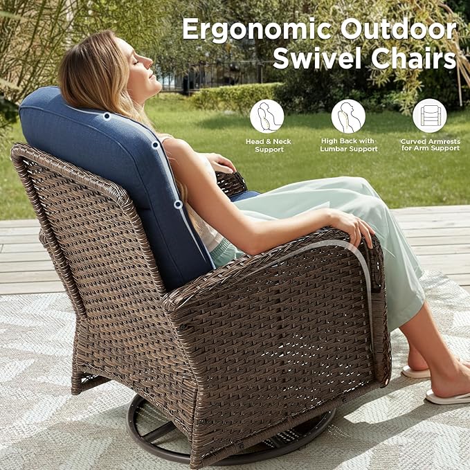 8 Pieces Luxury Outdoor Patio Furniture Set with 6-Inch Thick Cushions, Wicker Outdoor Furniture with High Back Swivel Patio Chairs Set of 4, Patio Conversation Set for Deck Garden Porch, Blue