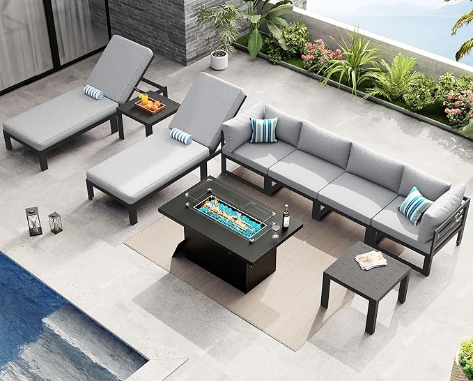 NICESOUL 9 Piece Large Contemporary Aluminum Outdoor Furniture Set with Chaise Lounge & Fire Pit Table, 29" Deep Couch Set, 500 lbs High Weight Capacity Patio Sectional Sofa for Poolside, Light Gray