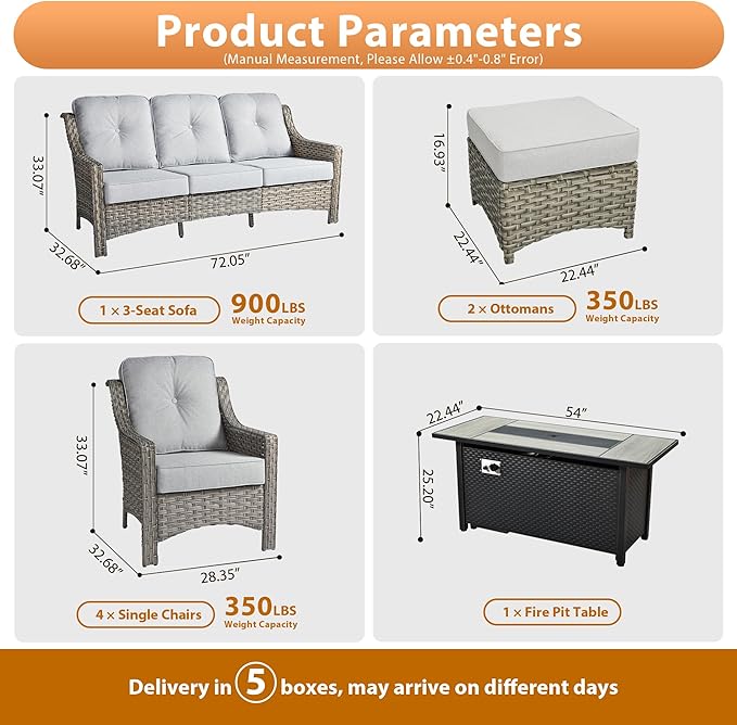 Outdoor Patio Furniture Sets, 8 PCS Patio Conversation Set Outside Rattan Sofa with 54 in Fire Pit Table Comfy Cushions Fit Backyard Porch Garden Poolside Balcony,Light Grey