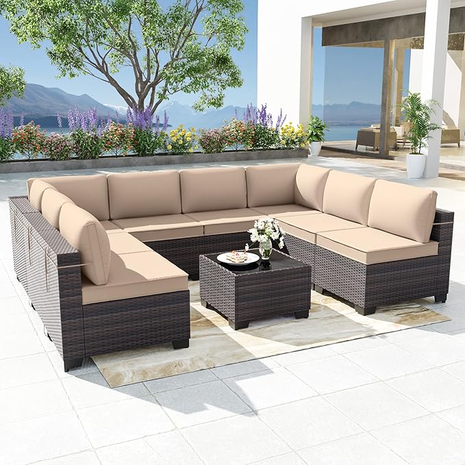 Patio Furniture Set 9pcs Outdoor Furniture for Backyard Sectional Sofa Set, Wicker Rattan Outdoor Conversation Set with 4 Inch Thickened Cushions and Coffee Table, Sand