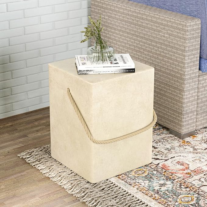 HOMPUS Outdoor Side Table w Hemp Rope Handle, Patio MgO Concrete Natural End Table, Square Accent Table, Small Coffee Table for Garden, Patio, Porch and Deck, Warm Grey