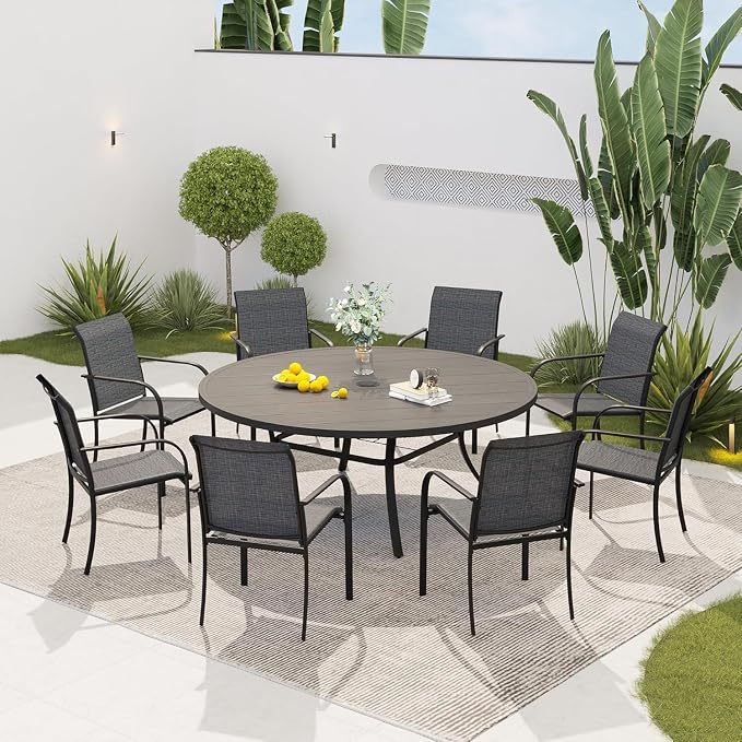 VICLLAX 60" Outdoor Round Patio Dining Table for 8-10, All Weather Metal Dining Table with Umbrella Hole for Deck Lawn Garden Backyard, Grey