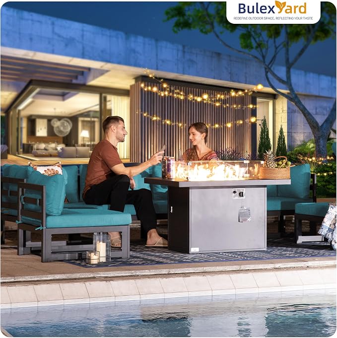 BULEXYARD 8 Person Modern Aluminum Outdoor Patio Furniture Set with Fireplace, 29 inch Wide Deep Seating, Fade Resistant L-Shaped Sectional Couch, Plus Size Conversation Set for Backyard Terrace, Teal