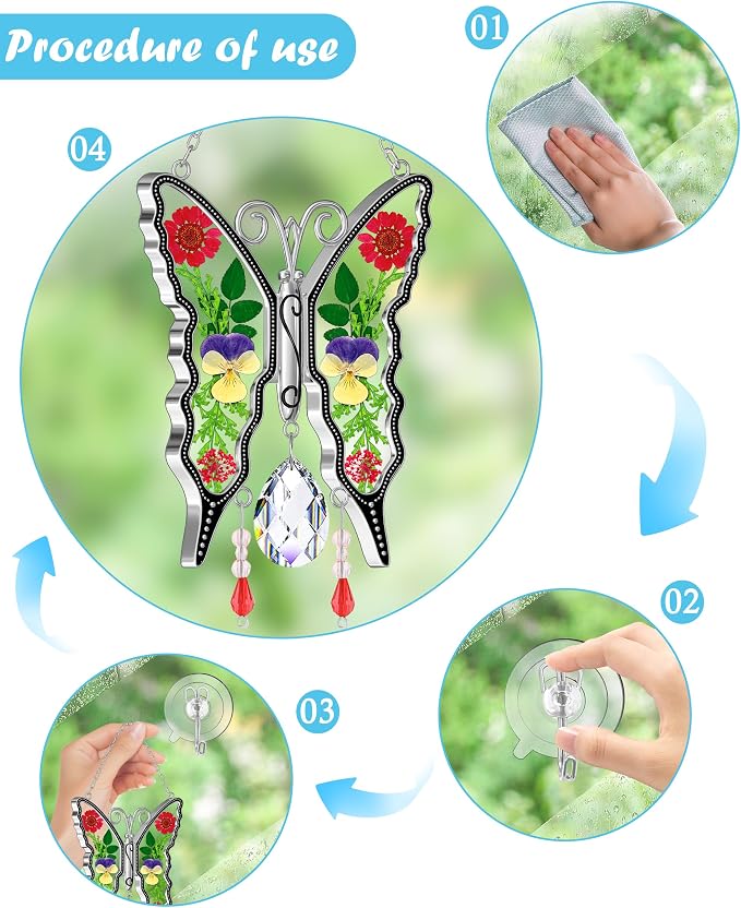 KY&BOSAM Butterfly Glass Crystal Pressed Flower Suncatchers Window Hanging | Colorful Prism Charm Sun Catcher Wind Chime Ornament,Metal Dried Flower and Glass,Mothers Day Gifts for Mom Christmas