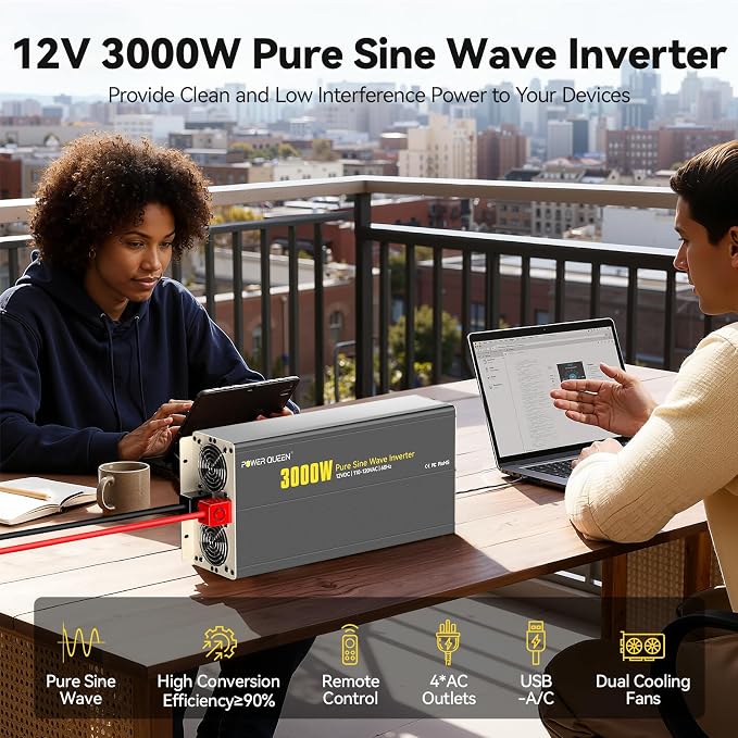 Power Queen 3000W Pure Sine Wave Inverter, Solar Power Inverter 12V DC to 110V-120V AC Converter with Remote Control, 6000W Surge Power, 4 AC Outlets USB Type-C for Home RV Off-Grid Solar Power
