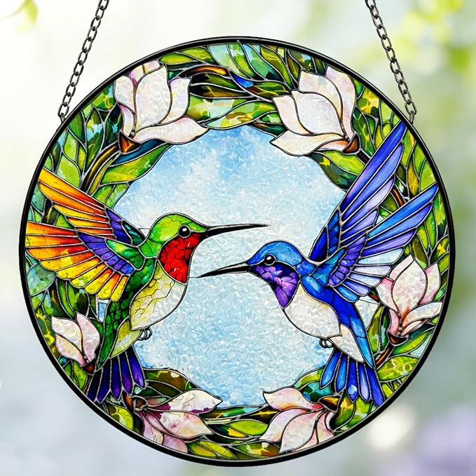 Stained Glass Window Hanging - Colorful Hummingbirds Suncatcher for Windows Doors Home Decor, Hummingbird Magnolia Flowers Sun Catcher Gift for Women Mom Nana Bird Lovers Christmas Mother's Day 7.8 in