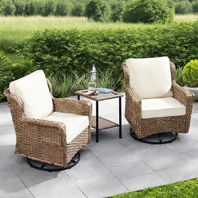 3 Piece Patio Furniture Set,Outdoor Wicker Swivel Chair Set with Side Table, All-Weather Cushioned Patio Conversation Set for Small Spaces, Porch, Balcony, Beige