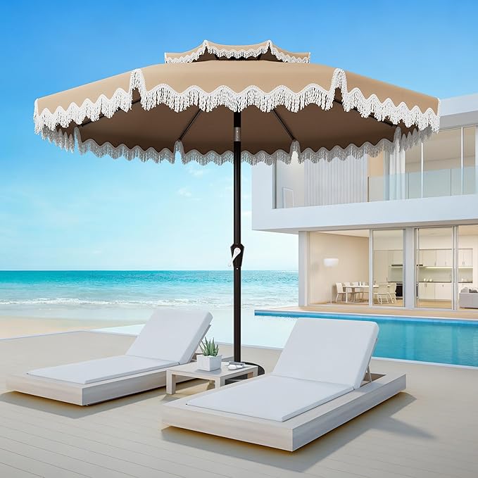 AreShark 9FT Patio Umbrella with Fringe, Wind-Resistant Fiberglass 8 Ribs Tassel Outdoor Umbrella with Crank and Push Button Tilt, Double Tier Vent Sun Shade for Pool, Deck, Backyard, Beige