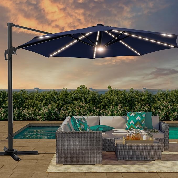 FLAME&SHADE 11 ft Cantilever Offset Patio Umbrella, Large Heavy Duty Outdoor Patio Umbrella Aluminum 360° Rotation Round Outdoor Umbrella for Deck,Pool,Backyard