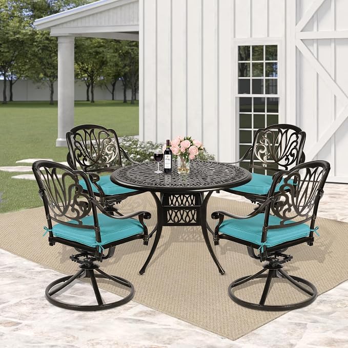 5 Piece Patio Dining Set, Outdoor Table and Chairs Set for 4 Cushioned Swivel Rocking Chairs and 35.4'' Round Table, All-Weather Cast Aluminum Patio Funiture Set, 2'' Umbrella Hole, Blue