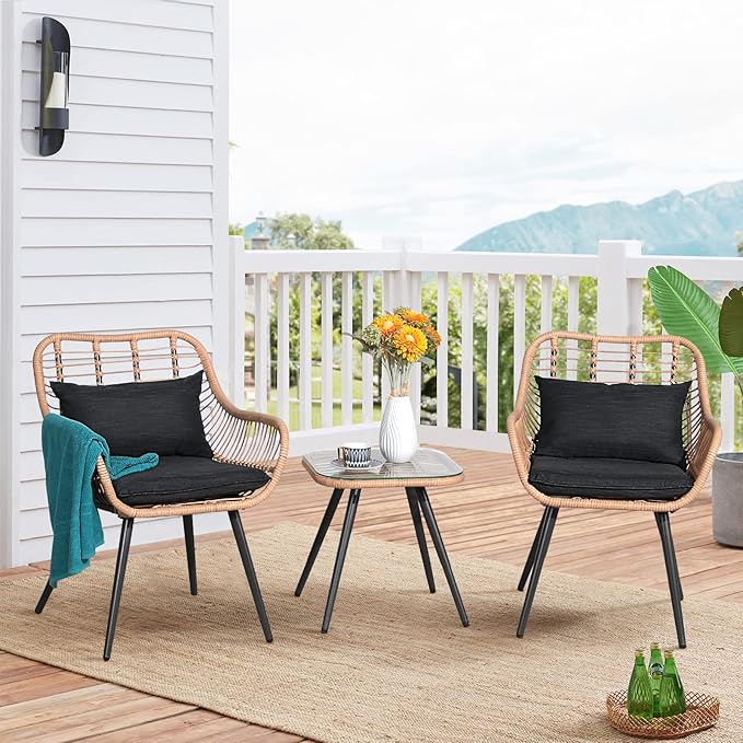 JOIVI 3-Piece Patio Set, Outdoor Wicker Conversation Bistro Sets for Porch, Backyard with Square Glass Top Coffee Table, Cushions and Lumbar Pillows