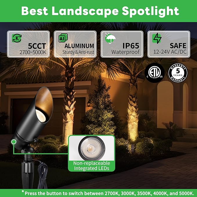 Low Voltage Landscape Lights - Warm White Cool White 12V Outdoor Spotlights, Adjustable Color Temp Spot Lights Waterproof, Hardwired LED Aluminum Black for Wall Wash Flag 10 Pack