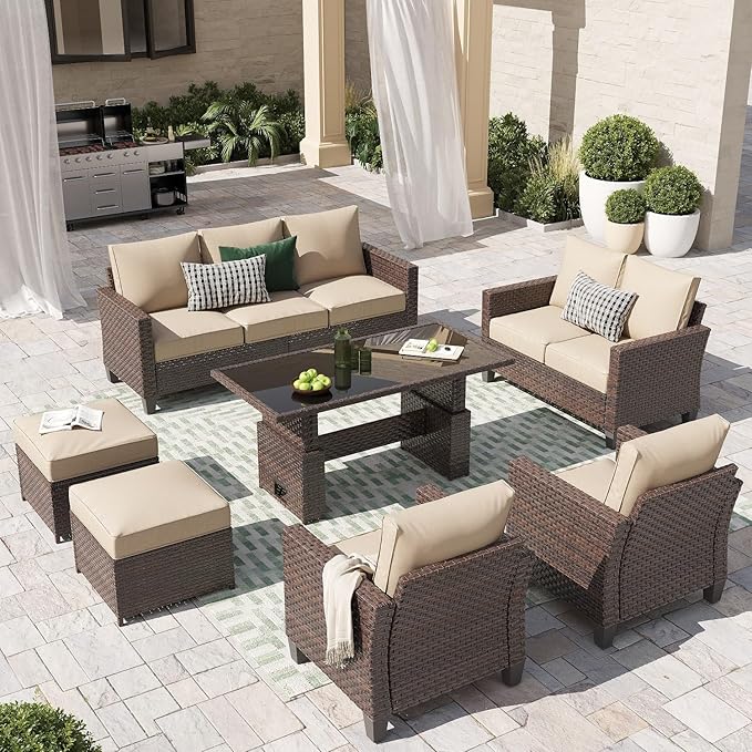 SUNSITT Outdoor Patio Furniture Set 7-Pcs Sectional Dining Set Wicker Conversation Set with Lift Coffee Table for Backyard Deck Poolside, Brown Rattan & Beige Cushion