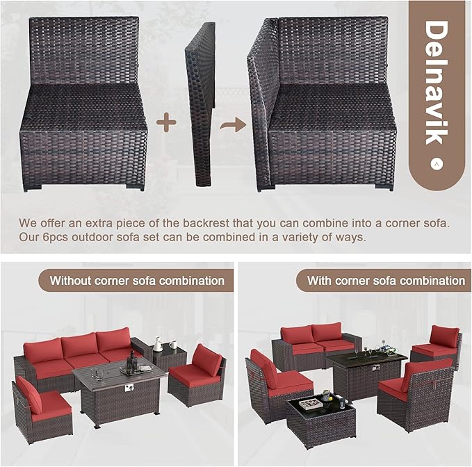 Patio Furniture Sectional Sofa Set 7-Pieces PE Rattan Patio Conversation Set w/43in Gas Fire Pit Table, Outdoor Furniture with 55000 BTU Propane Fire Pit, Red