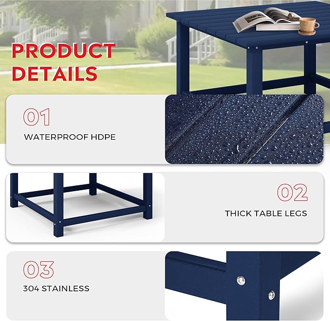 Costaelm Patio Conversation Set, Patio Chairs Set of 5 Balcony Firepit Furniture Outdoor Adirondack Square Table and Chair Backyard Furniture Set for Lawn Porch Pool Garden, Navy Blue