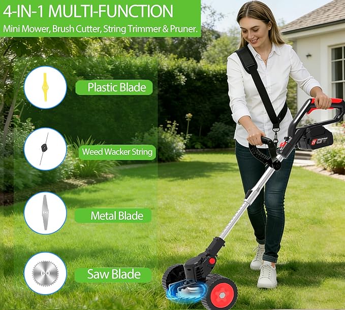 Electric Cordless Weed Wacker Eater with 4 Types Blades & Wheels 2 X 2.0Ah Battery Powered 3-in-1 String Trimmers/Grass Trimmer/Lawn Edger/Brush Cutter Lightweight Garden Tool for Garden Yard