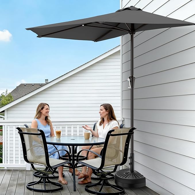 AreShark 9FT Half Patio Umbrella, Outdoor Wall Umbrella with Crank & 5 Sturdy Ribs, Table 1/2 Umbrella Patio for Garden, Deck, Balcony and Pool, Gray