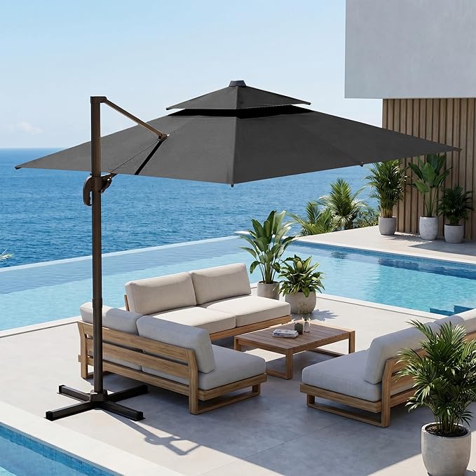10x10 FT Patio Cantilever Umbrella (Base Not Included) (Base Not Included), Rectangular Heavy Duty Offset Umbrella for 6-8 People, 360°Rotation & Mult Tilt, Double Top Design, for Pool Garden Deck (Black)