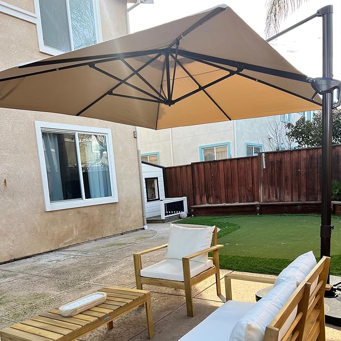PURPLE LEAF 9' X 11.5' Rectangle Cantilever Umbrella Patio Umbrella Outdoor Aluminum Offset Antique Bronze Hanging Umbrella with 360-degree Rotation for Pool Garden Backyard Deck, Beige