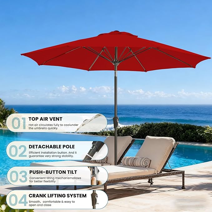9FT Outdoor Patio Umbrella Outdoor pool Umbrella with Push Button Tilt and Crank, Market Umbrella 8 Sturdy Ribs UV Protection for Garden, Deck, Backyard (Red)