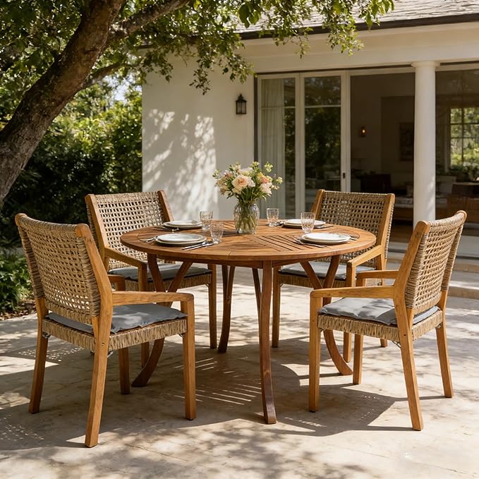 Christopher Knight Home Verle Wooden Patio Dining Set for 4, Acacia Wood Outdoor Dining Table Set for 4, 5 Piece Outdoor Dining Set with Round Table and Armchair with Seat Cushion, Teak+Grey