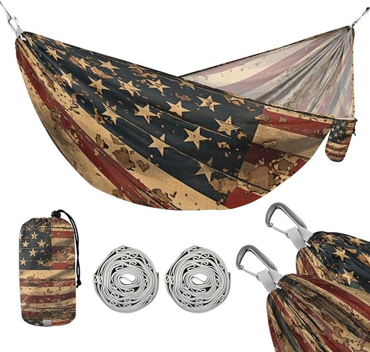 Gritty Military American Flag Outdoor Hammock with Tree Straps Cloth Hammock for Outside Patio Garden