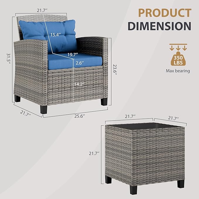 JAMFLY 3 Piece Wicker Patio Furniture Set - Space Saving Outdoor Rattan Conversation Set with Soft Cushions & Glass Coffee Table for Balcony, Porch, Small Backyard - All Weather Blue Bistro Set