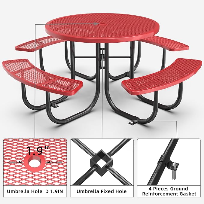 KEIKI 78.7" Heavy-Duty Metal Picnic Table w/2.05" Umbrella Hole, Round Commercial Outdoor Steel Table for 4–8 People, 2.5mm Mesh Top, Rust-Resistant Coating, Patio Backyard Park Dining Furniture, Red