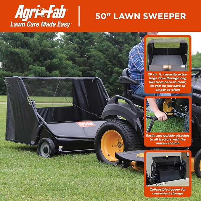 Agri-Fab Heavy Duty Tow Behind Lawn Sweeper, 50 in Working Width with 26 Cu Ft Hopper and Adjustable Brush Height