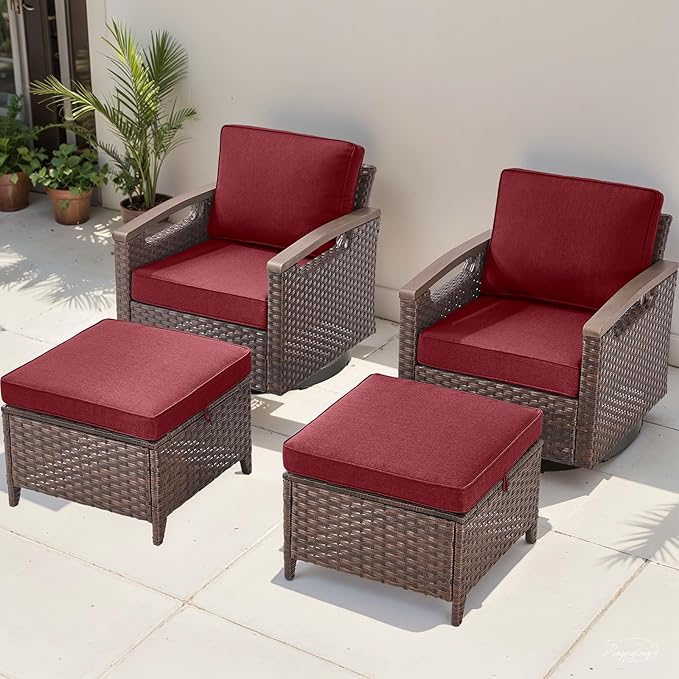 Rilyson Wicker Outdoor Patio Furniture Set - 4 Piece Patio Conversation Set with Swivel Rocker Chairs and Ottomans, Thick Cushions, High Back, Deep Seating, for Porch Deck Garden Brown/Red