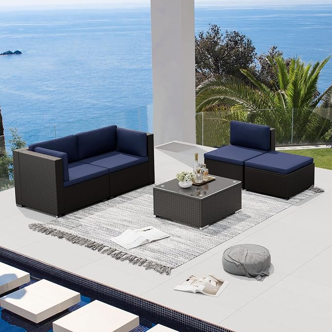 Oakcloud 5-Piece Outdoor Patio Furniture Sofa Set Black Rattan Wicker Sectional Conversation Sets with Glass Top Table and Cushions(Dark Blue)