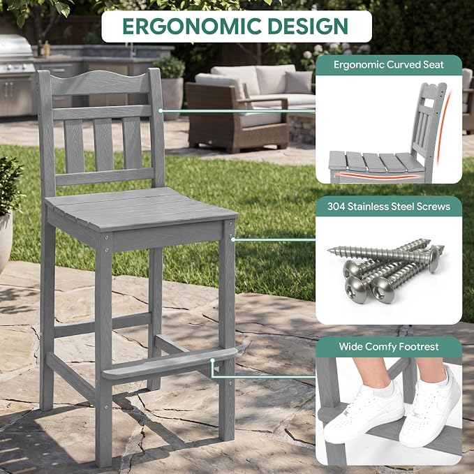 5-Piece Outdoor Bar Set, HDPE Adirondack Bar Height Chairs Set of 4 and Round Pub Table, All Weather Outdoor Patio Bar Furniture for Bistro, Deck, Balcony, Poolside (Slate Grey)