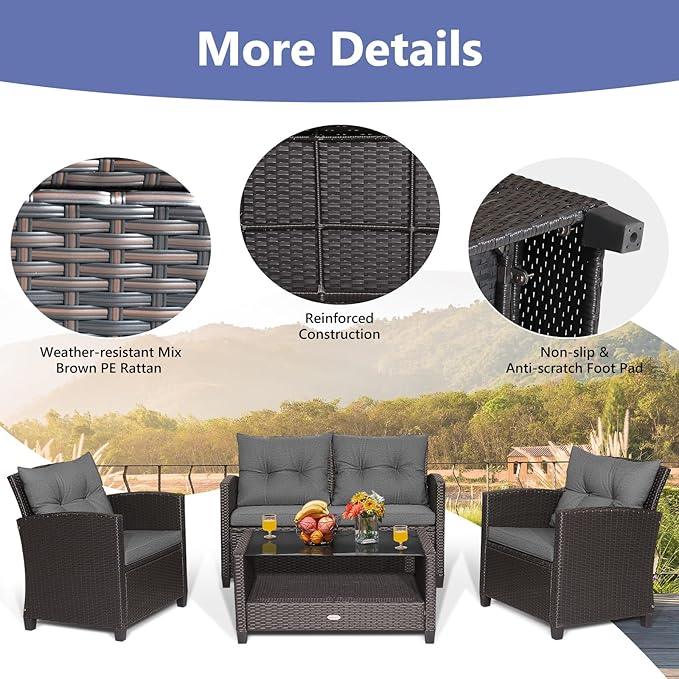 HAPPYGRILL 4-Piece Patio Conversation Set Rattan Wicker Chair Furniture Set with 1 Loveseat, 2 Single Sofas, 1 Coffee Table, Outdoor Furniture Set for Backyard Porch Garden Poolside Balcony (Grey)
