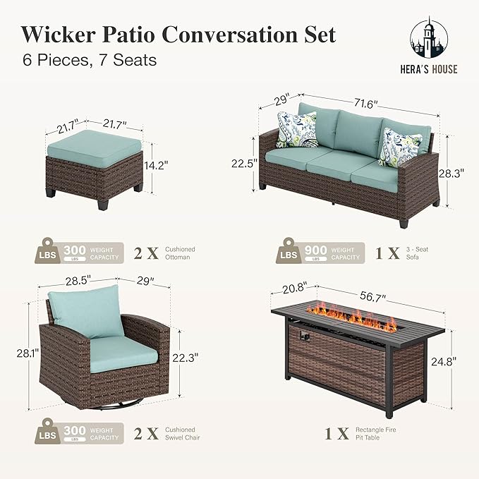 HERA'S HOUSE Swivel Glider Patio Furniture Set with Fire Pit Table, 6 Pieces Outdoor Seating Furniture Wicker Conversation Sets for Deck Backyard Lawn, Blue
