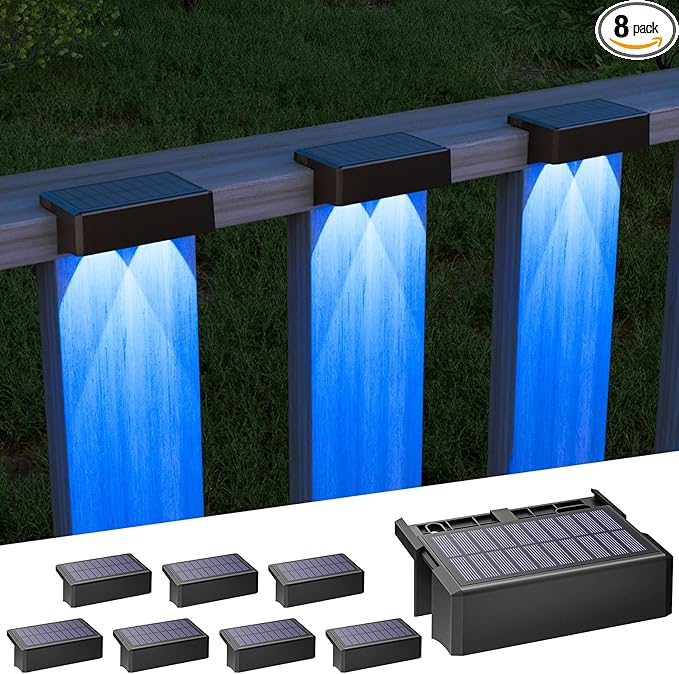 VOLISUN Solar Deck Lights 8 Pack, Warm White, Cool White and RGB Color Glow LED Large Size Lamp, IP65 Waterproof Solar Fence Lights Outdoor for Step, Patio, Fence, Railing, Wall, Stairs