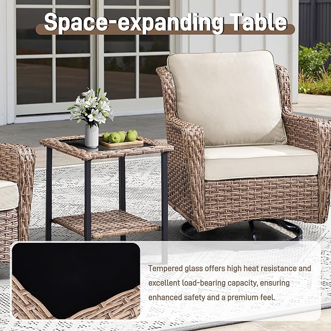 3 Piece Patio Furniture Set,Outdoor Wicker Swivel Chair Set with Side Table, All-Weather Cushioned Patio Conversation Set for Small Spaces, Porch, Balcony, Beige