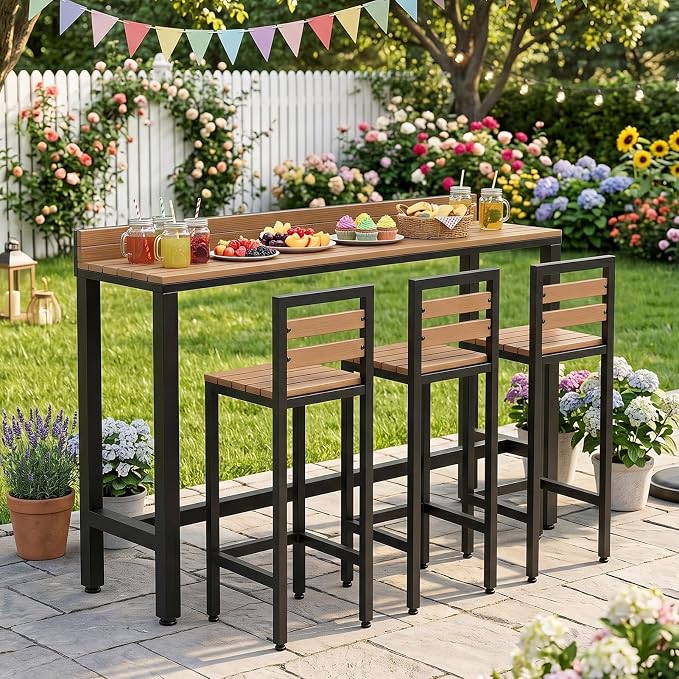 Outdoor Patio Bar Height Table with Baffle, Weather Resistant High Counter Table Porch Pub Tables Wood-Plastic Tabletop, for Poolside Garden Balcony Restaurant Cafe(Black,55.1"x15.7"x40.5")