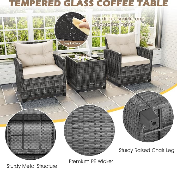 ORALNER 3 Pieces Patio Furniture, Outdoor Wicker Conversation Set Chairs with Soft Cushions and Glass Coffee Table, Mix Gray Rattan Bistro Set for Balcony Garden Deck Front Porch Poolside (White)