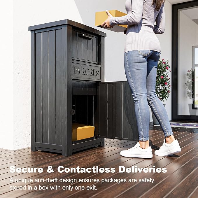 EasyUp Package Delivery Box Outdoor, Weatherproof & UV Resistant Resin Storage Box with Lockable Lid and Flip-Up Delivery Slot, Secure Contactless Parcel Drop Box for Porch (Black)