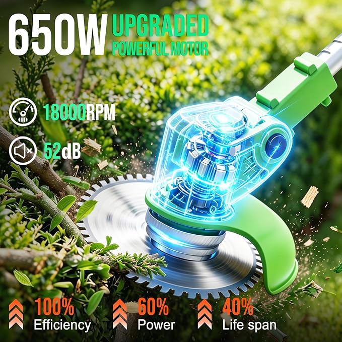 Cordless Weed Wacker, 21V Battery Powered Weed Eater with 2 Battery and Charger, Electric Grass Trimmer with 5 Types 26Pcs Blade, 3 in 1 Stringless Weed Trimmer Brush Cutter Edger for Lawn Garden