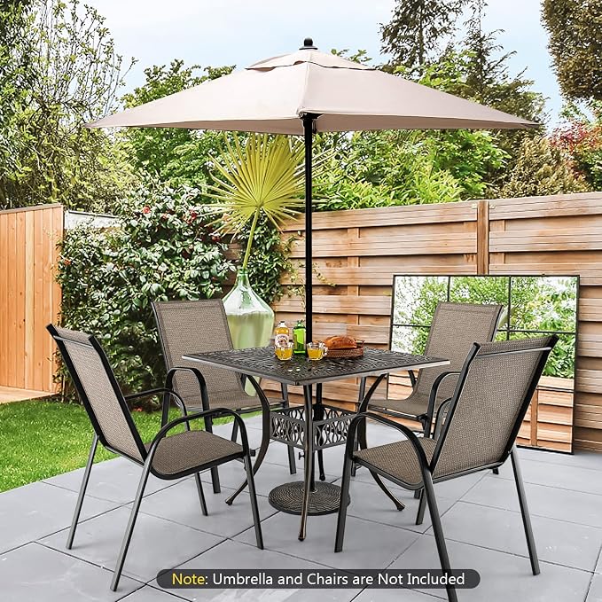 Giantex Patio Dining Table, Cast Aluminum Outdoor Table for 4 Persons, Heavy-Duty Structure, Adjustable Footpads, All-Weather Square Umbrella Table with Hole, 35.4" Lx35.4 Wx29.5 H