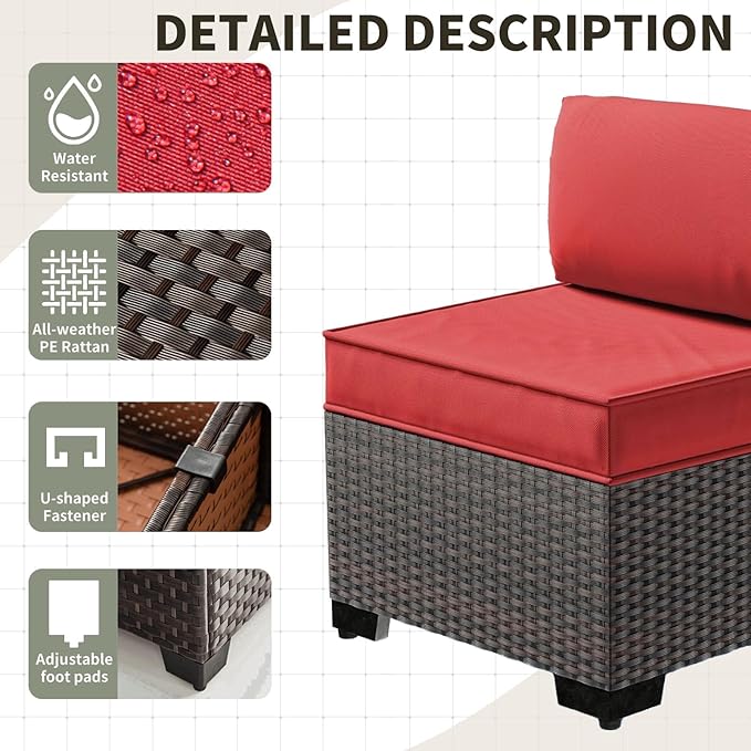 Gotland 7 Pieces Patio Furniture Set with 55000BTU Fire Pit Table, Wicker Patio Set with Wide Armrests 29.5'' High Backrest Thick Cushions 1 Coffee Table, Outdoor Furniture for Porch Deck Red