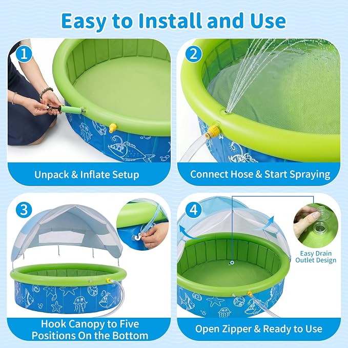 Kids Pool for Toddler, Foldable Kiddie Pool with Removable Canopy, Portable Baby Toddler Pool for Indoor Outdoor, Quick Setup No Tools, Easy Drain Non-Slip Splash Pool for Backyard & Travel (47in)