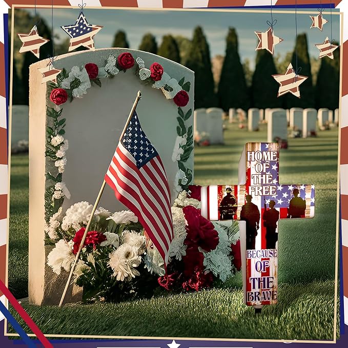 DoubleFill Memorial Day Cross Garden Stake Patriotic Solar Lighted Home of Free Memorial Solar Outdoor Yard Decorations Light up Night Cross Stake Decor for 4th of July Independence Day