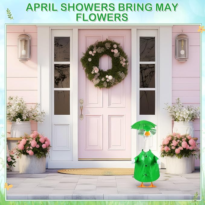 FuWeave Summer Baby Goose Outfit Raincoat and Umbrella for 17'' Lawn Porch Baby Goose Costume Plastic Raincoat Clothes for Summer Spring Outdoor Patio Yard Lawn Decoration(Green)