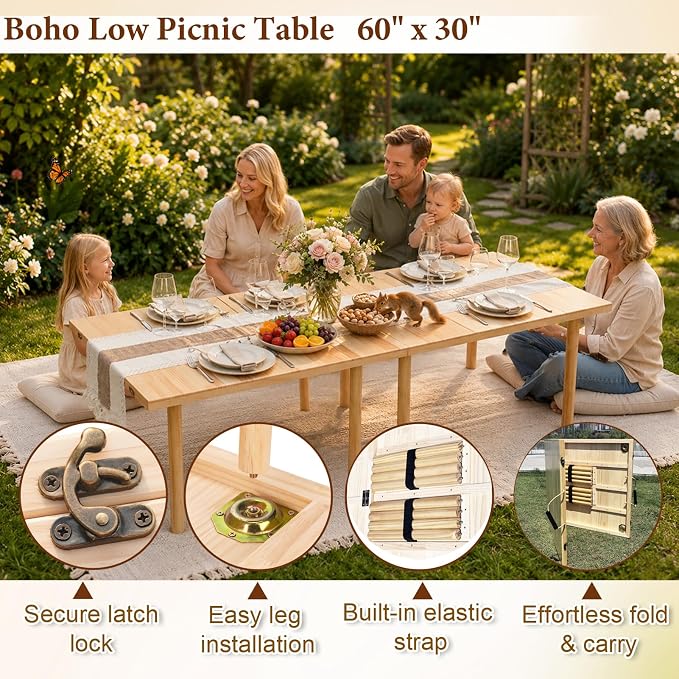 60" x 30" Boho Low Picnic Table, Portable Wooden Folding Picnic Table with Table Runner for Camping, Beach, Garden, Picnic, Party, Indoor & Outdoor Use, Seats 6-8 People, 8-Leg Design
