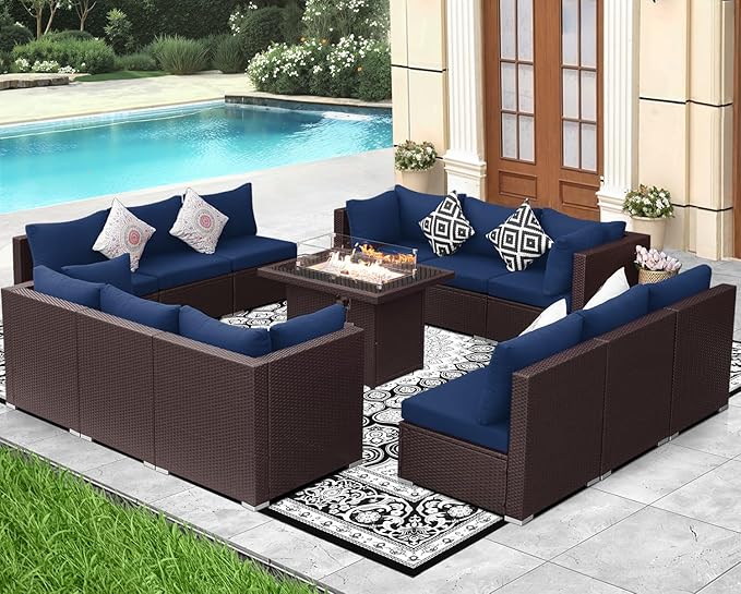 NICESOUL 13 Piece Patio Furniture w/Fireplace, Elegant Outdoor Seating w/Firepit, XL 29.3'' High Back Sectional Sofa, All-Weather Rattan Deck Couch, Modular Sturdy Conversation Set, Brown & Blue