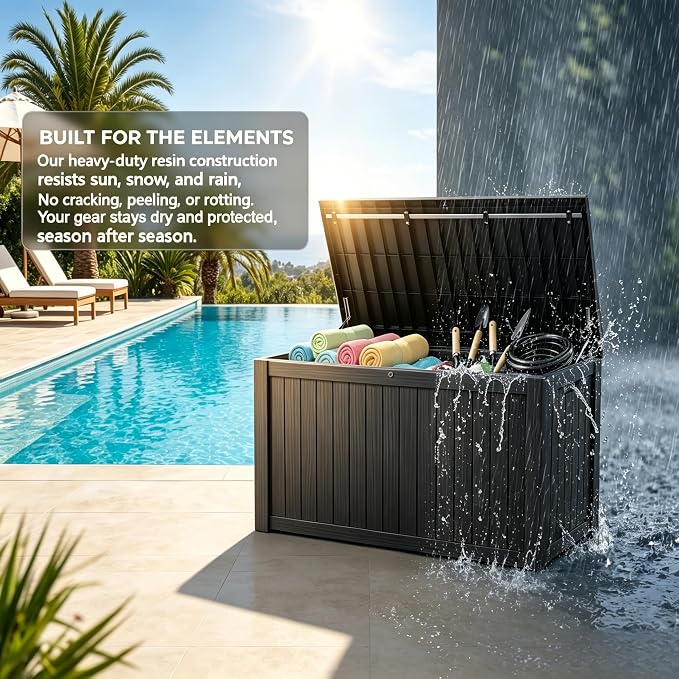 178 Gallon Resin Deck Box with Gas Lift Support – Outdoor Storage for Patio Furniture, Garden Tools & BBQ Accessories – Weatherproof Wood Grain Design with 660 Lbs Bench Seat (Lockable Lid)
